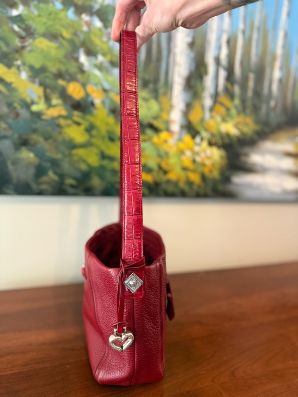 Brighton Soft Red Pebbled Leather Shoulder Bucket Bag w/ OG Charm | Vintage - Picture 10 of 16